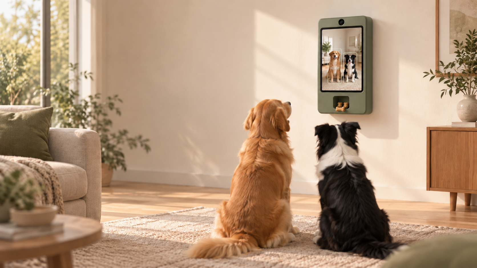 Two dogs sitting in front of Cueby mounted on a wall